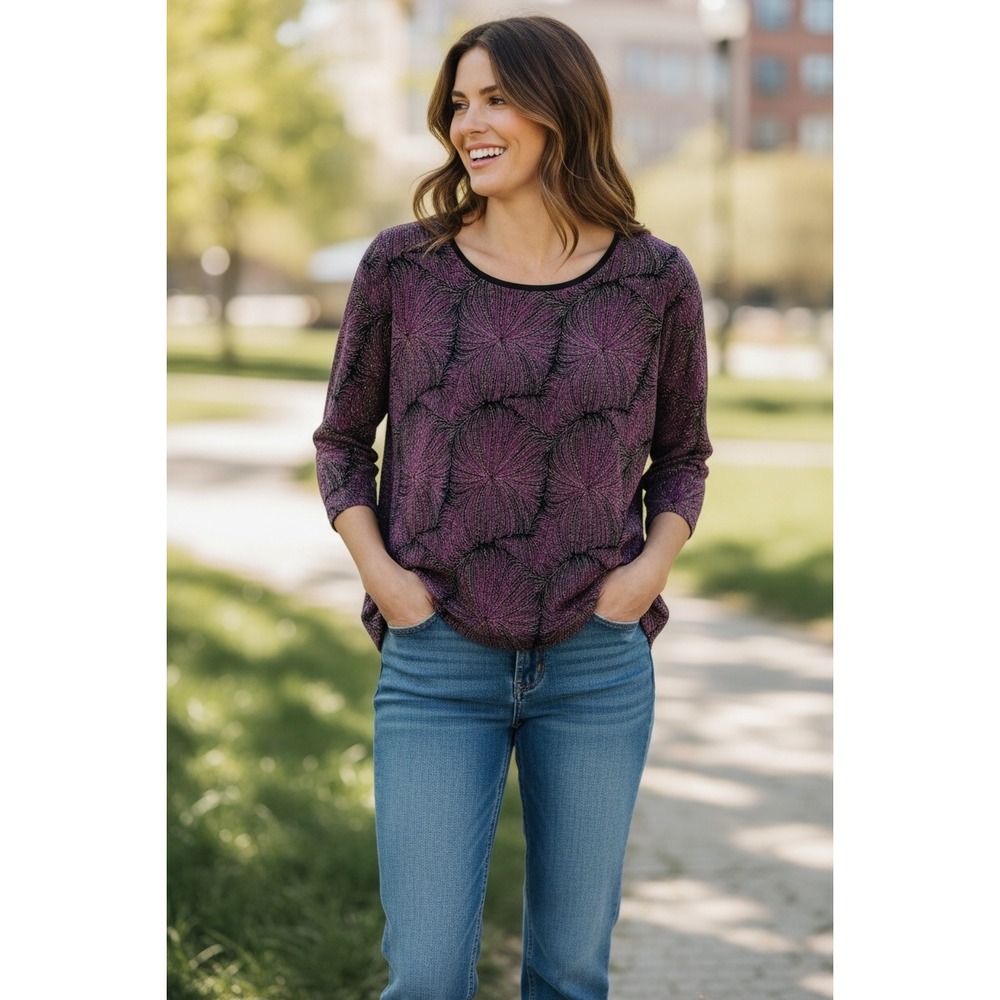 French Laundry Womens Purple Black Textured Radial Knit 3/4 Sleeve Top Medium